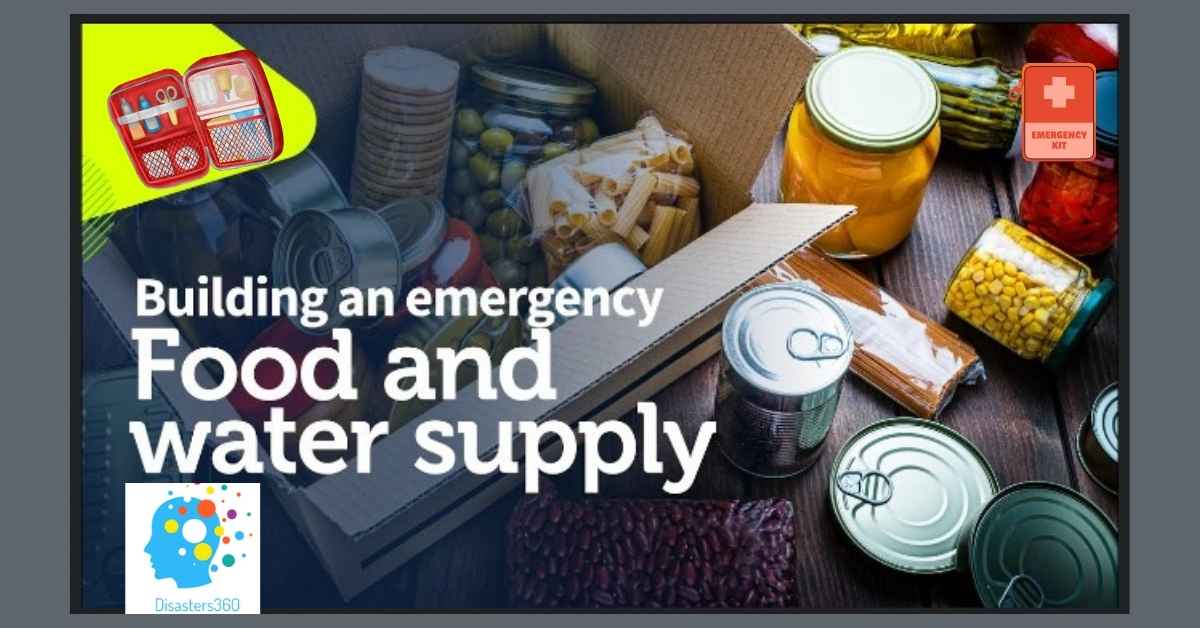 A variety of canned goods and a first-aid kit arranged on a wooden surface, with the text "Building an Emergency Food and Water Supply" superimposed.