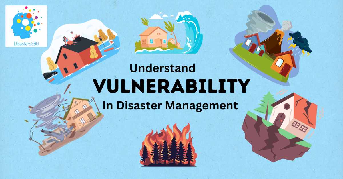 An infographic titled 'Understand Vulnerability in Disaster Management' featuring various disaster scenarios, including flooding, earthquakes, hurricanes, wildfires, and volcanic eruptions. Each scenario illustrates different types of vulnerabilities that communities may face during natural disasters. The central text emphasizes the importance of understanding vulnerability within the context of disaster management. The logo of Disasters360 is displayed in the upper left corner