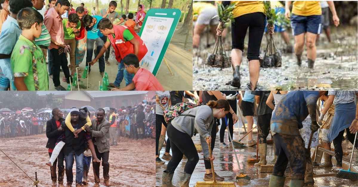 A collage of four images showing activities related to Disaster Risk Reduction: educational activities, reforestation efforts, a rescue operation, and post-disaster cleanup.