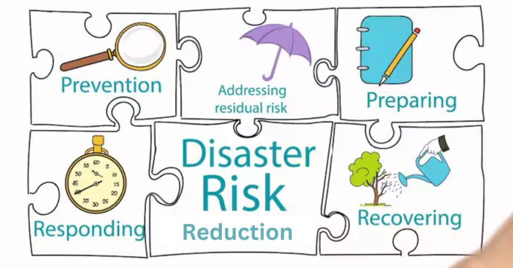 A jigsaw puzzle with six pieces, each representing a different stage of disaster risk reduction: prevention, addressing residual risk, preparing, responding, recovering, and disaster risk reduction itself.