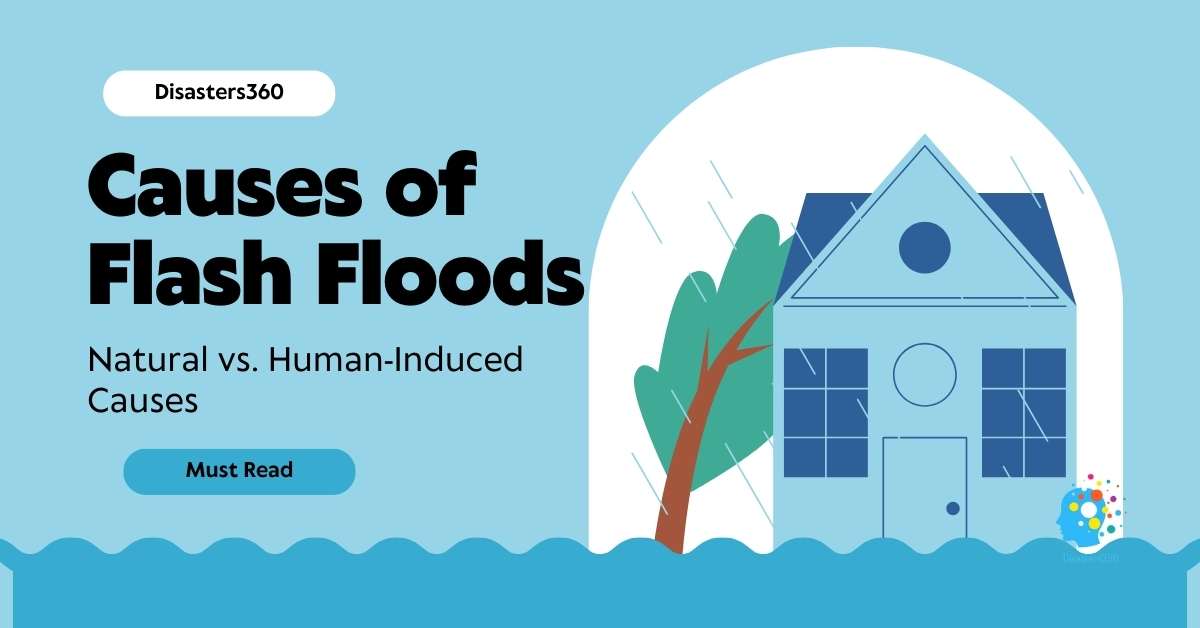 causes of flash floods. Illustration of a house surrounded by rising floodwaters, highlighting natural and human-induced causes of flash floods, such as storms, rapid snowmelt, and urban development.