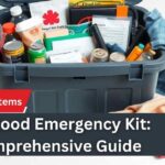 A fully stocked flood emergency kit in a plastic storage container, including canned food, bottled water, medical supplies, and essential survival items. Flood Emergency Kit Disasters360 Rashid Javed