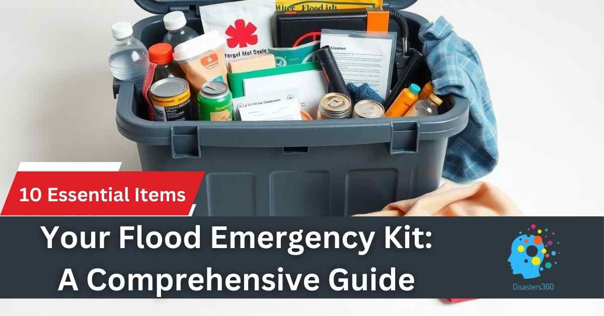 A fully stocked flood emergency kit in a plastic storage container, including canned food, bottled water, medical supplies, and essential survival items. Flood Emergency Kit Disasters360 Rashid Javed