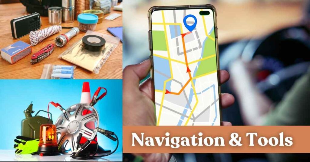 A flood emergency preparedness image showcasing essential navigation and tools, including a smartphone with a map, survival gear, and emergency supplies. Flood Emergency Kit Disasters360 Rashid Javed Navigation & Tools