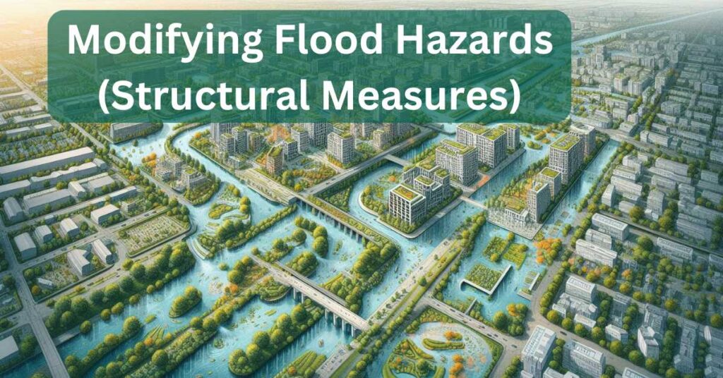 A futuristic cityscape integrating structural flood hazard mitigation measures, including green rooftops, water channels, and elevated urban planning to reduce flood risks. Flood Hazard Reduction Measures Disasters360 Rashid Javed Identifying multiple Flood Hazards Mapping Modifying Flood Hazards