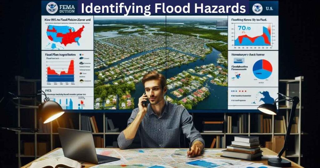 A disaster management expert analyzing flood hazard maps and data, discussing flood risks over the phone. Large screens display flood-prone areas, risk assessments, and prevention strategies.