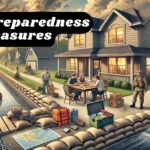 Flood Preparedness Measures – A suburban neighborhood preparing for a flood with sandbags, emergency kits, rescue workers, and a family planning at an outdoor table. Flood Preparedness Measures Disasters360 Rashid Javed