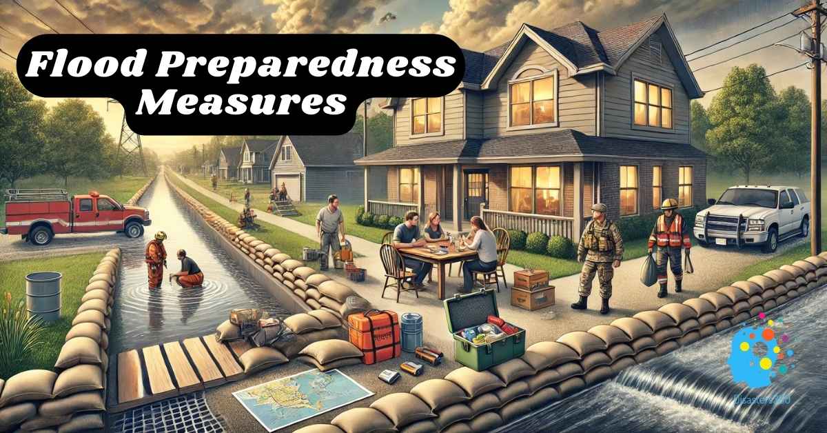 Flood Preparedness Measures – A suburban neighborhood preparing for a flood with sandbags, emergency kits, rescue workers, and a family planning at an outdoor table. Flood Preparedness Measures Disasters360 Rashid Javed