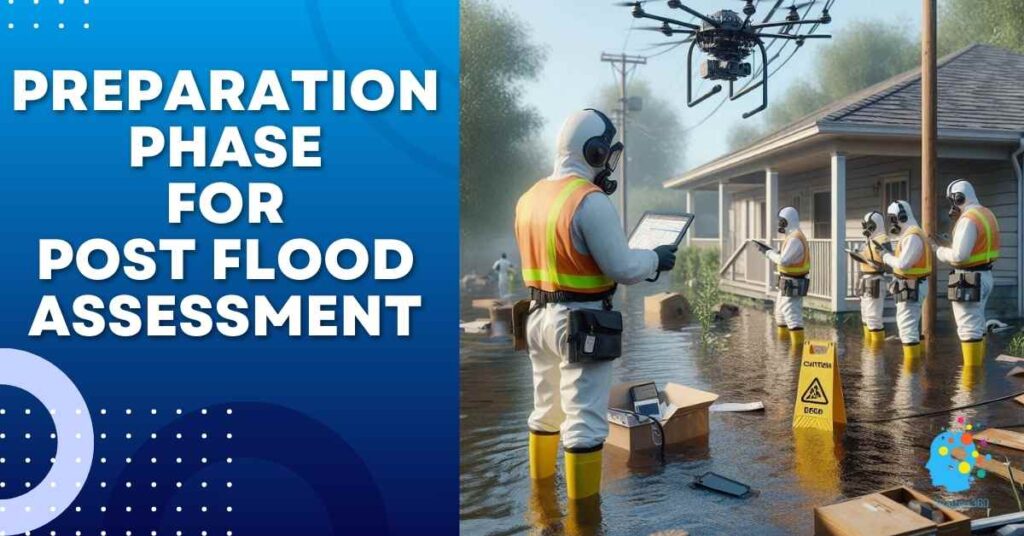Post Flood Assessment Disasters360 Rashid Javed Flood risk assessment report, A team of professionals in full protective gear stands knee-deep in floodwater near a damaged house, using a drone, checklists, and hazard markers to conduct a detailed post-flood assessment.