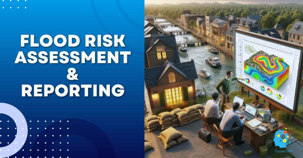 A team of professionals analyzes a color-coded 3D flood risk map on a large screen in a riverside community, with sandbags stacked nearby, illustrating flood risk assessment and reporting.
Post Flood Assessment Disasters360 Rashid Javed flood risk report Flood Risk Assessment & Reporting